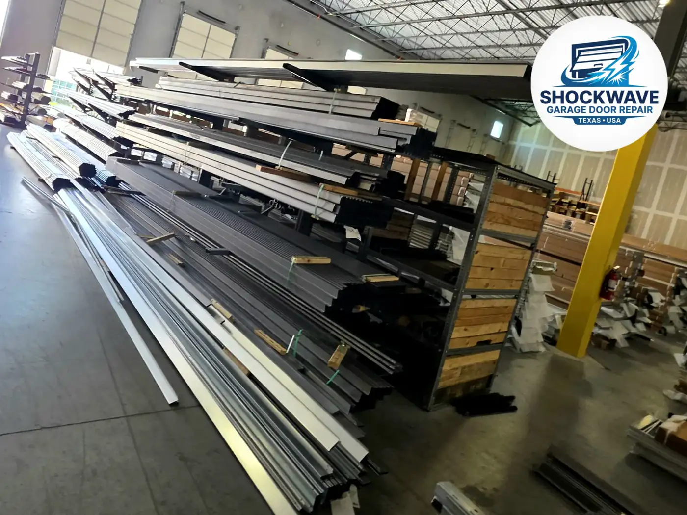Racks of garage door tracks, panels, and metal components in a parts warehouse in Shockwave's Austin-area work gallery.