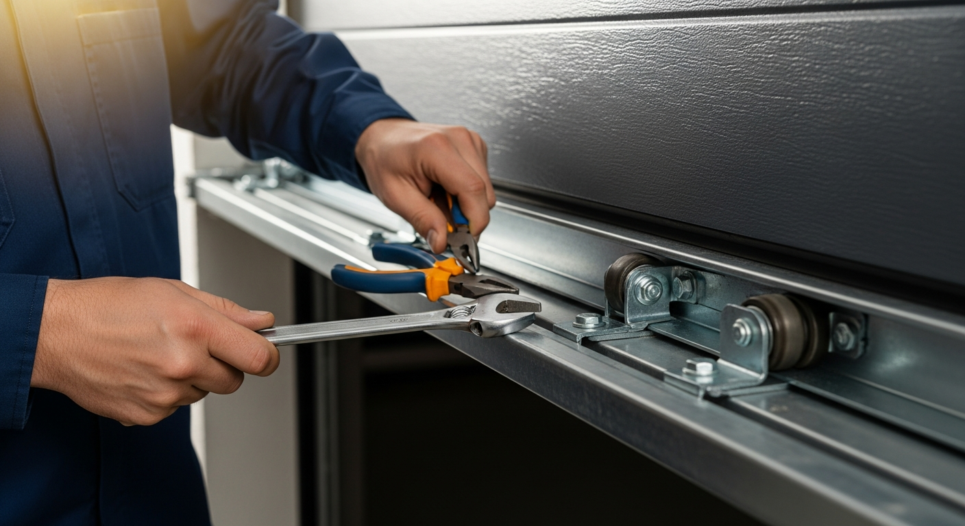 Garage Door Technician Repairing Door
